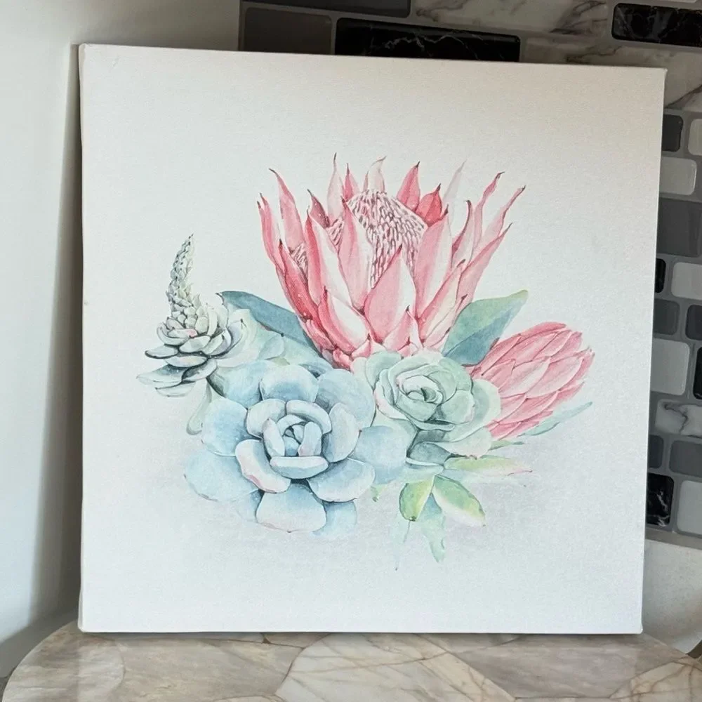 Floral Canvas Art with Pink and Blue Succulents